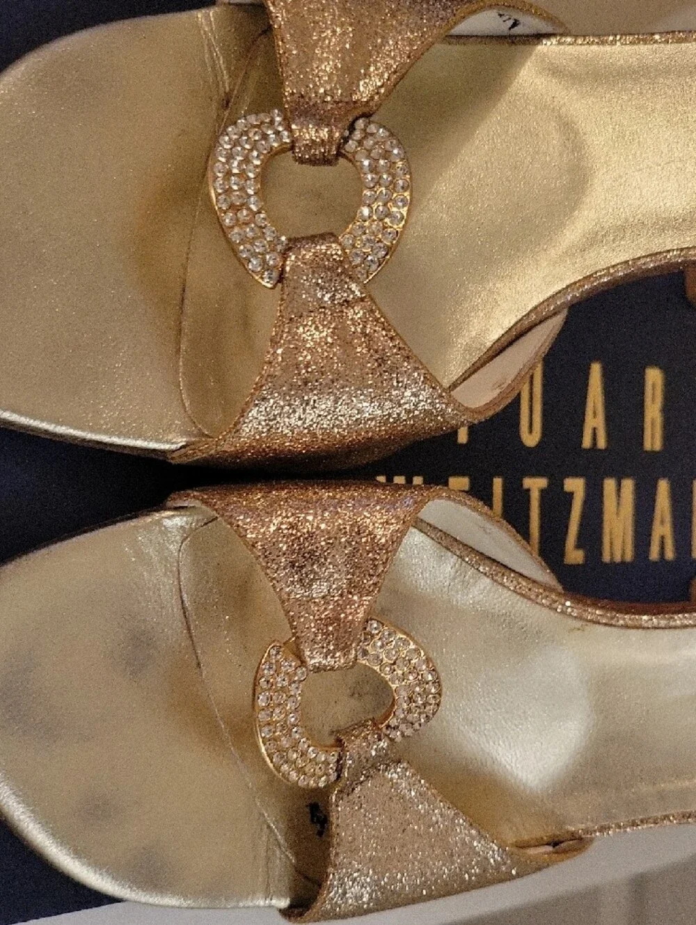 Stuart Weitzman Rose Gold Glitter Slide Mules with Crystal Link - Picture 4 of 7